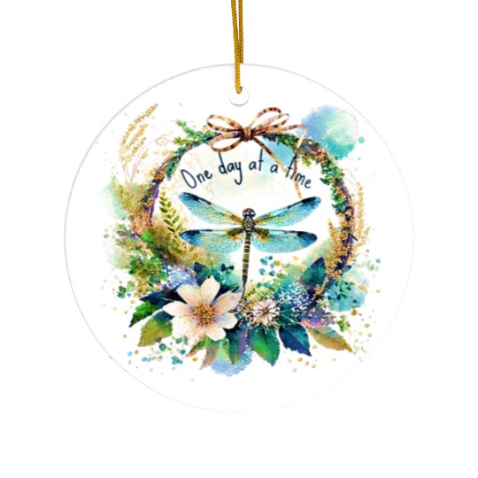 One day at a time dragonfly floral Ceramic Ornaments