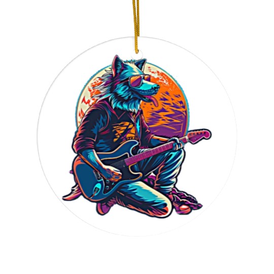 Blue Wolf Moon Guitar Player Retro Sunglasses Ceramic Ornaments