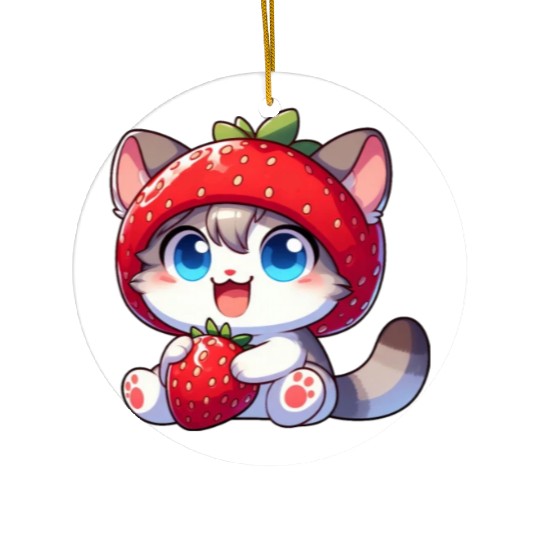 Cute Cat Strawberry Fruit Hat Quirky Ceramic Ornaments