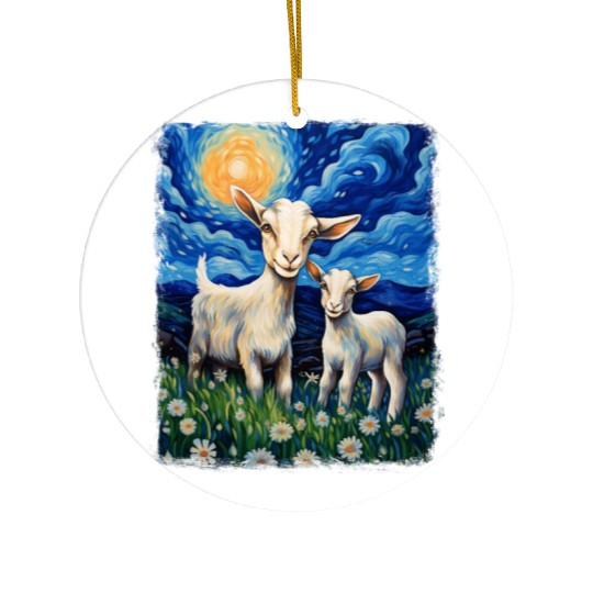 Goats Farm Animals Farmer Starry Night Painting Ceramic Ornaments