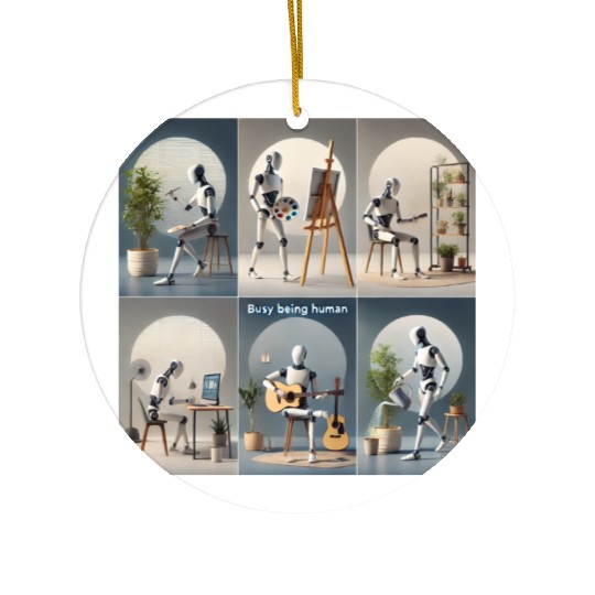 Robot Busy Being Human Ceramic Ornaments