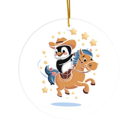 Adorable Penguin Cowboy Riding a Magical Pony Ceramic Ornaments