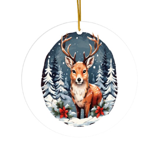 Christmas Deer with Poinsettia and Snow Ceramic Ornaments