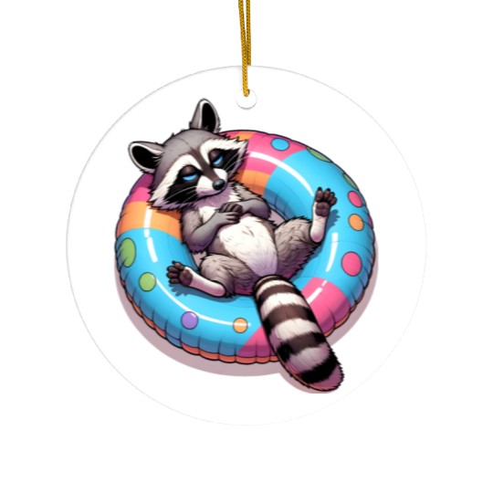 A relaxed raccoon on a swimming ring Ceramic Ornaments