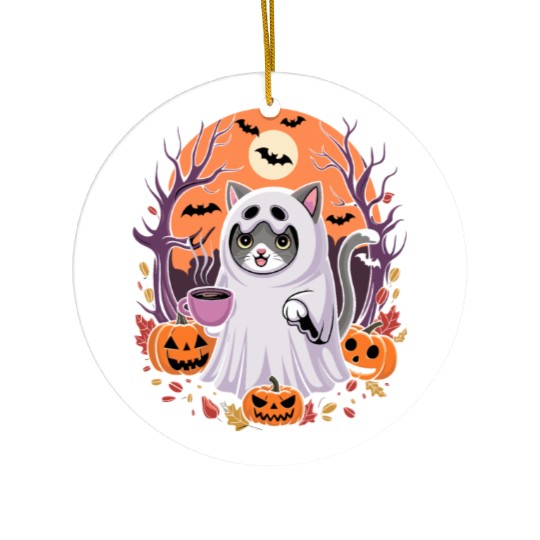 Halloween Ghost Cat with Pumpkins Ceramic Ornaments