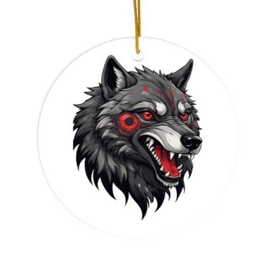 Fierce Wolf Head Illustration with Red Tribal Mark Ceramic Ornaments