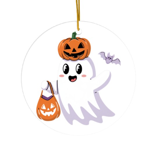 Cute Halloween Ghost with Pumpkin and Bat Ceramic Ornaments