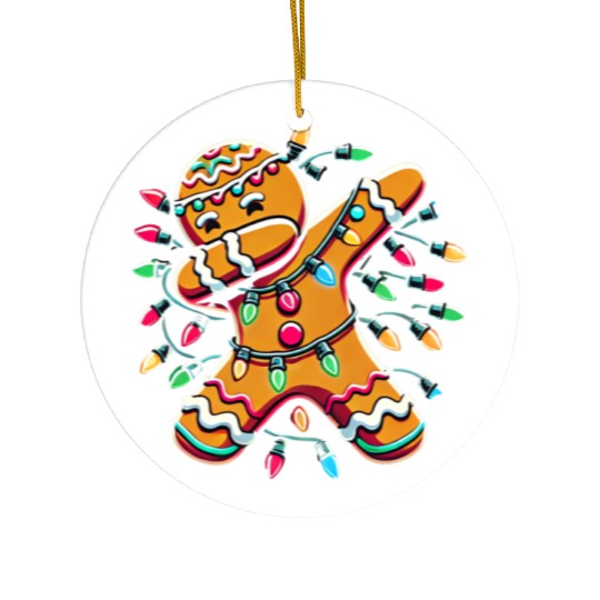 Dabbing Gingerbread Wrapped in Christmas Lights Ceramic Ornaments