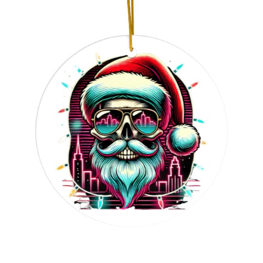 Neon Santa Skull City Lights Christmas Ceramic Ornaments