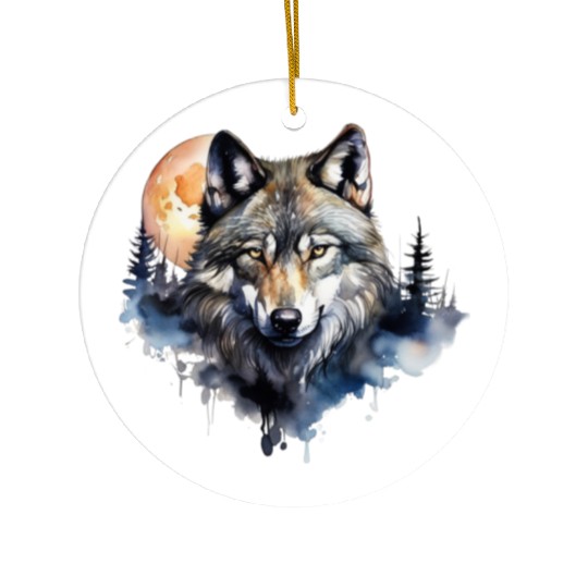 Wolf Portrait Under Full Moon Design Ceramic Ornaments