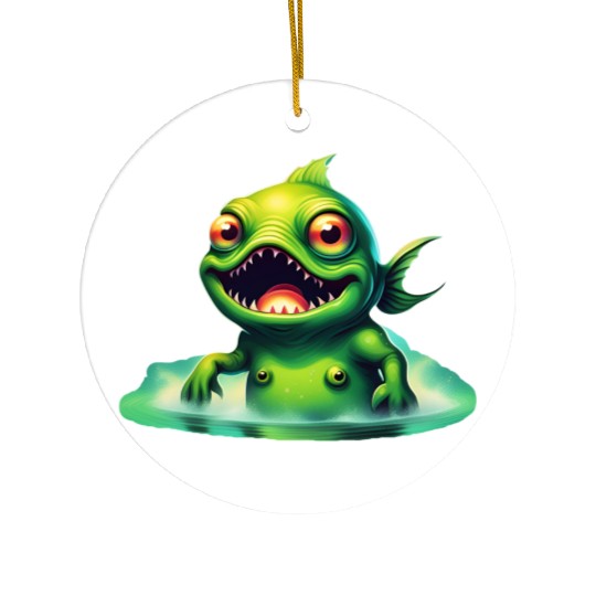 Green Monster Fish Emerge from the Deep Lake Scary Ceramic Ornaments