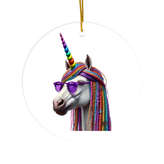 Rainbow Unicorn with Braids and Sunglasses Swag Ceramic Ornaments