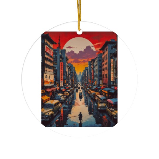 Twilight Reflections in Neon City Ceramic Ornaments