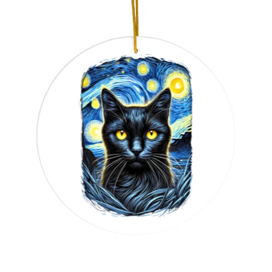 Funny Starry Night Black Cat Van Gogh Art Cat Ceramic Ornaments