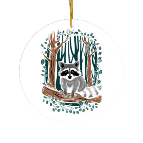 Cottagecore Raccoon in Forest Scene Ceramic Ornaments