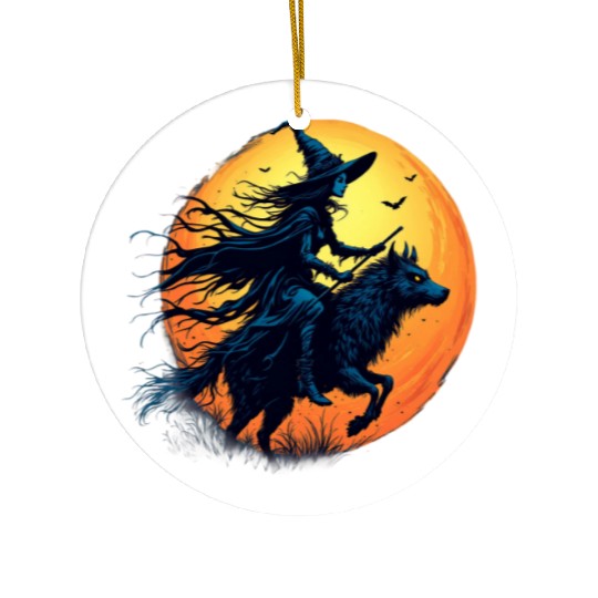 Halloween Witch Riding a Wolf Under Full Moon Ceramic Ornaments
