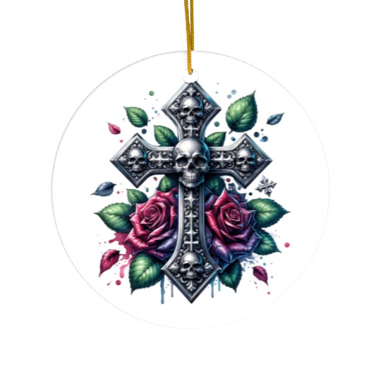 Gothic Collection - Cross, Skulls & Red Roses Ceramic Ornaments