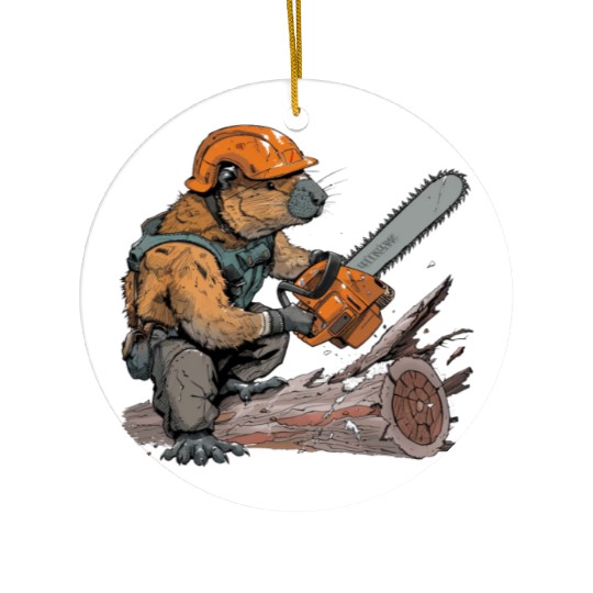Beaver Lumberjack Chainsaw Ceramic Ornaments