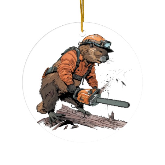 Beaver Lumberjack Chainsaw Ceramic Ornaments
