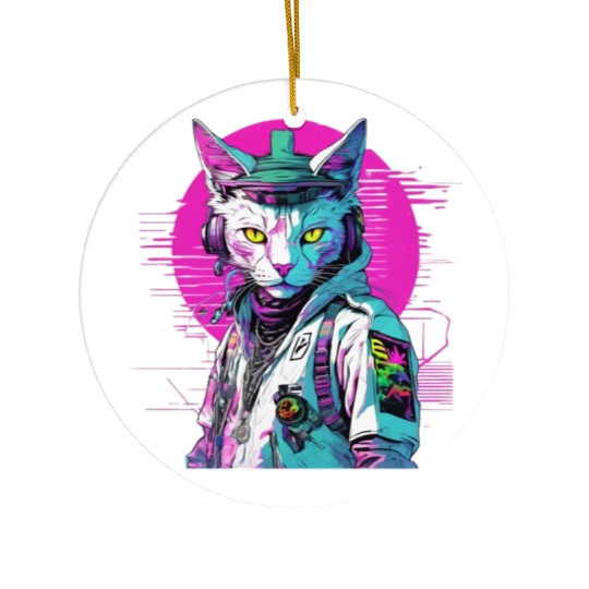 Neon Cyberpunk Warrior Cat Ceramic Ornaments