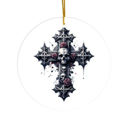 Gothic Cross Collection - Skulls and Red Roses Ceramic Ornaments