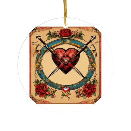 Traditional Tattoo Heart with Cupid Bow Ceramic Ornaments