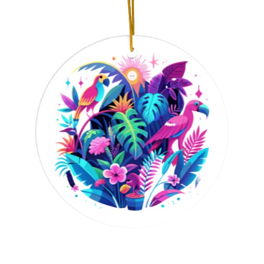 Neon Tropical Jungle at Night – Bright Pink Leaves Ceramic Ornaments