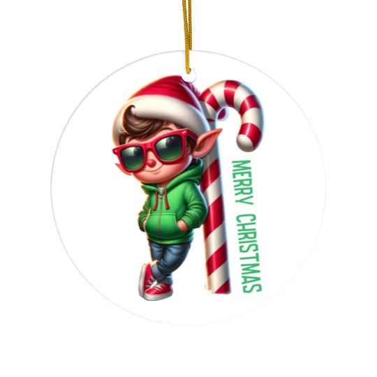 Merry Christmas Cool Elf with Candy Cane Vibes Ceramic Ornaments
