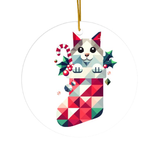 cute cat in a colorful Christmas stocking Ceramic Ornaments