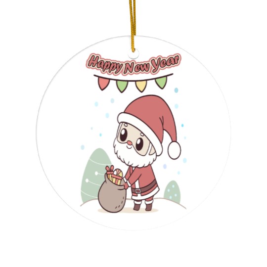Chibi Santa Happy New Year Celebration Ceramic Ornaments