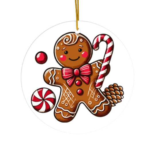Happy gingerbread man with candy cane Ceramic Ornaments