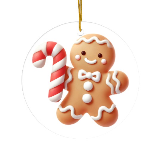 Happy gingerbread man with candy cane Ceramic Ornaments