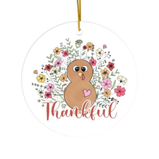 Thankful Floral Turkey Natural Cute Thanksgiving Ceramic Ornaments