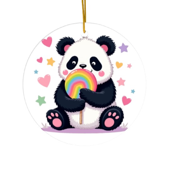 Chubby Panda with Rainbow Lollipop Ceramic Ornaments