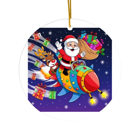 Reindeer with father christmas and spaceship Ceramic Ornaments