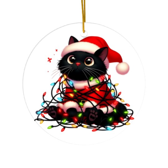 Christmas Kitty Tangled in Holiday Lights Ceramic Ornaments