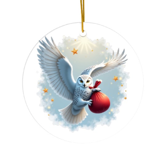 Snowy Owl Carrying Christmas Gift Bag Ceramic Ornaments