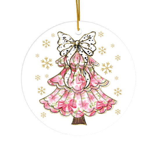 Preppy Pink Coquette Bow Xmas Tree Ceramic Ornaments