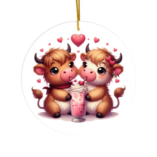 Cute Cartoon Valentines Highland Cow Ceramic Ornaments