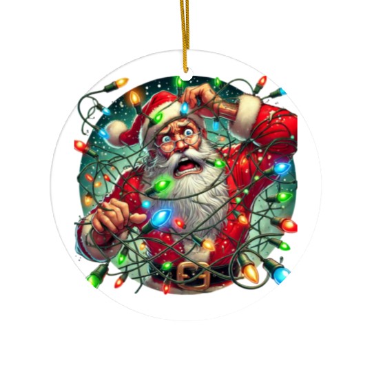 Funny Christmas Santa: Tangled in Lights Ceramic Ornaments