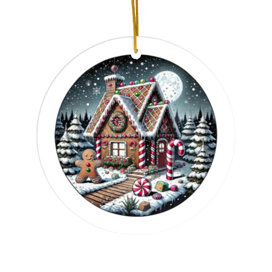 Christmas Gingerbread House with Candy Canes Ceramic Ornaments