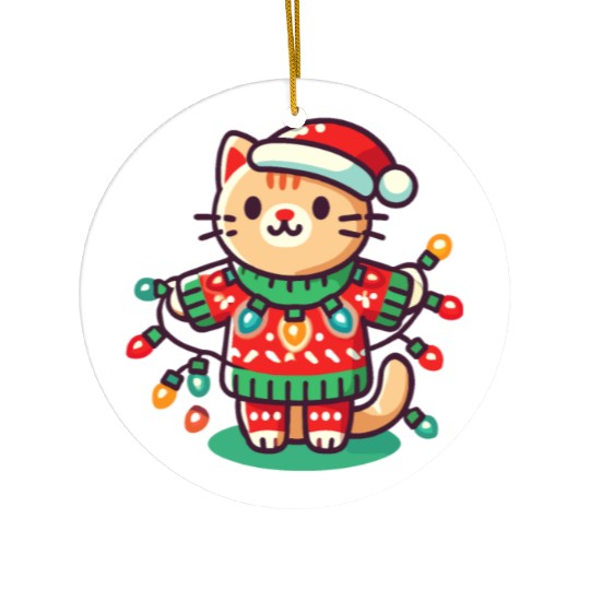 Christmas Cat With Fairy Lights Ceramic Ornaments