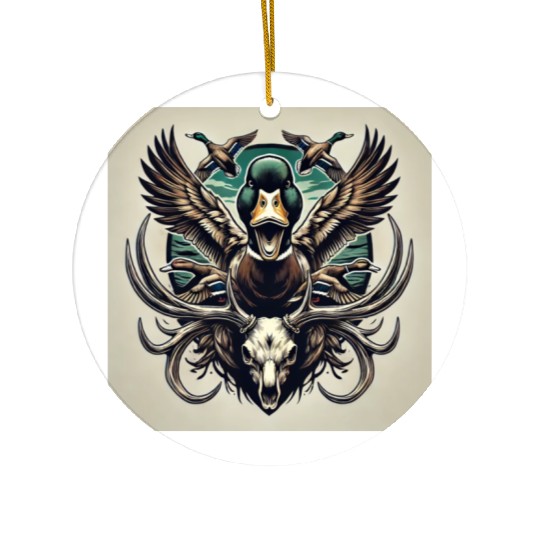 Mallard duck flying over deer skull in marsh Ceramic Ornaments