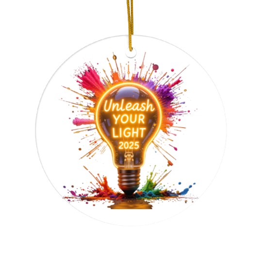 A large starburst glowing in neon light with 2025 Ceramic Ornaments