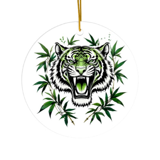 Fierce Green Tiger with Bamboo Branches Ceramic Ornaments