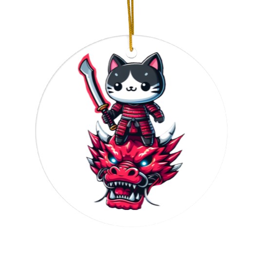 Samurai Cat with Sword on Dragon in Epic 3D Effect Ceramic Ornaments