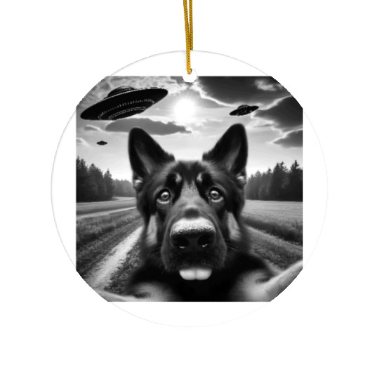 German2 Shepherd Funny GSP Selfie with UFOs Weird Ceramic Ornaments