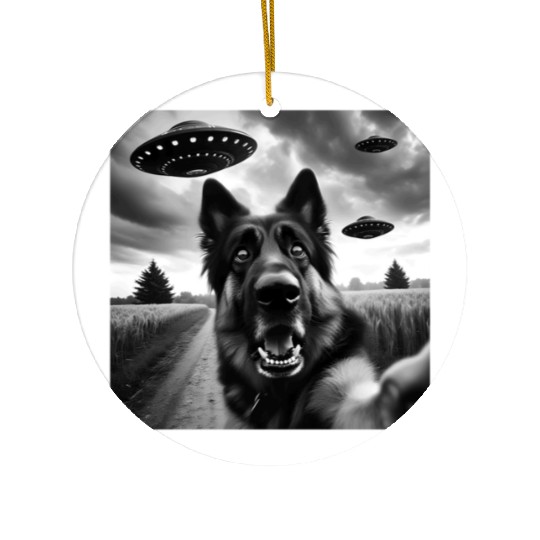 German Shepherd Funny GSP Selfie with UFOs Weird A Ceramic Ornaments