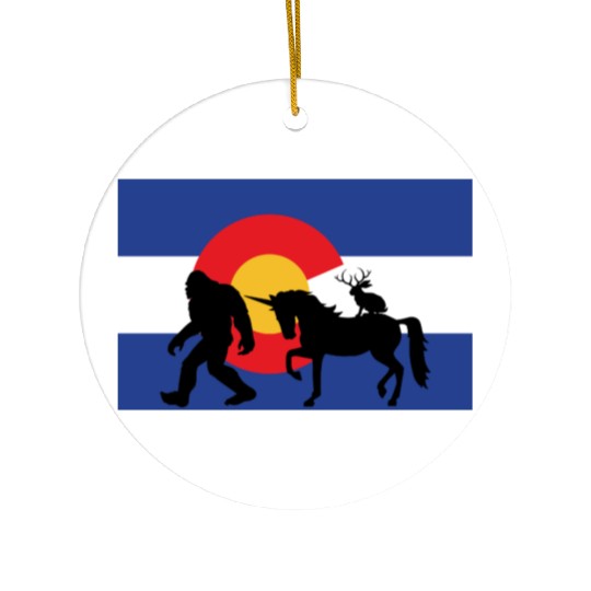 Mythical Creature and Jeep in Colorado Flag Ceramic Ornaments
