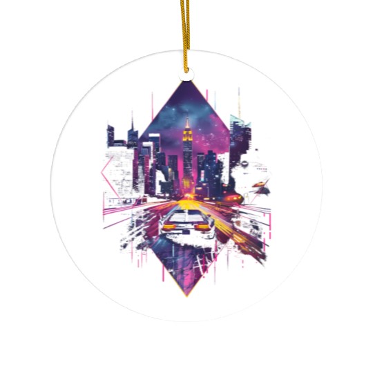 Retro Car Vaporwave City Synthwave 80s 90s Ceramic Ornaments